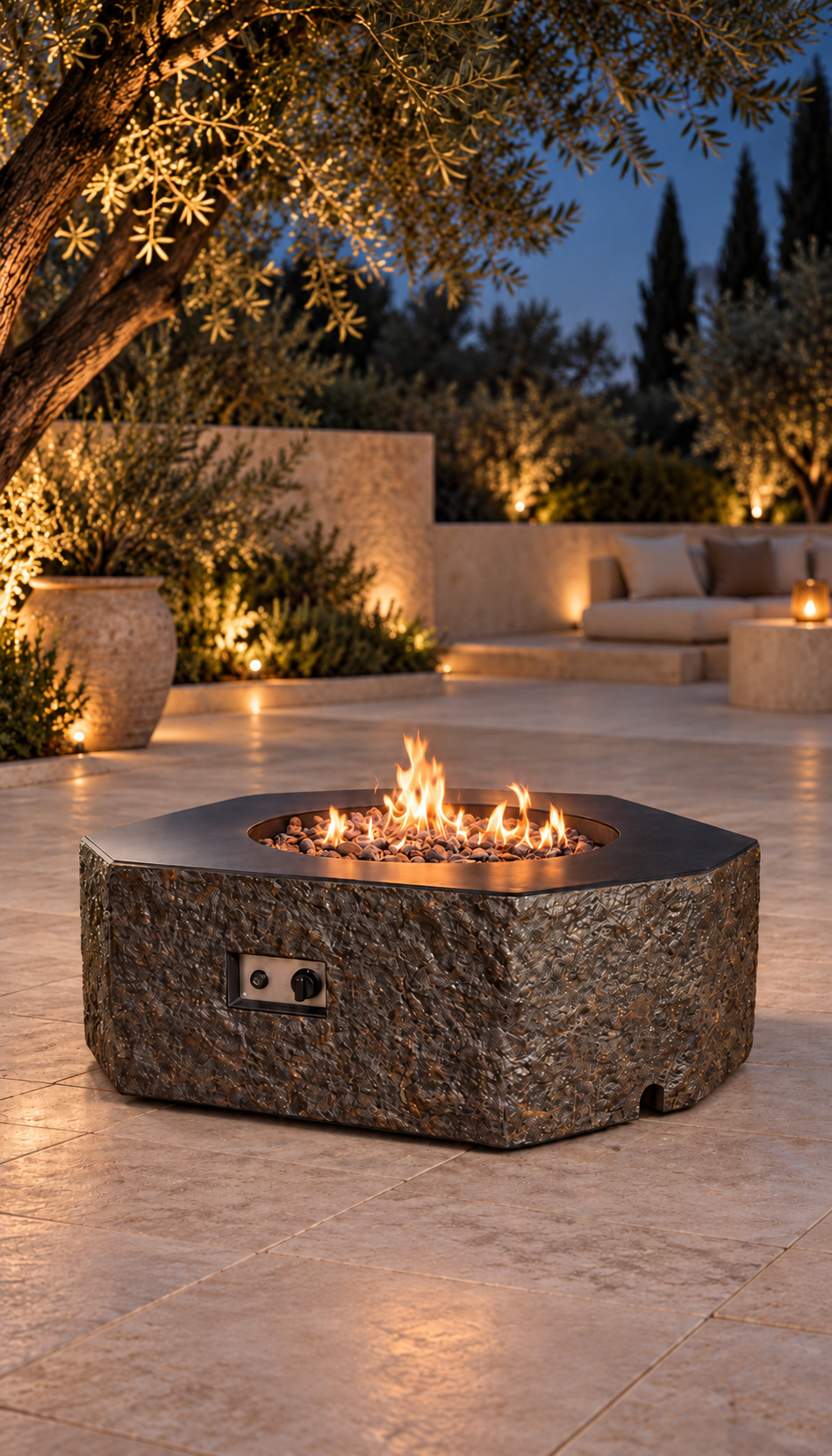 Fire Table 22, שולחן אש במעטפת מפוסלת ללא צינור גלוי בחצר אבן
